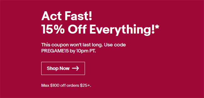 Ebay sale 15% off up to $100 off until 10PM PST
