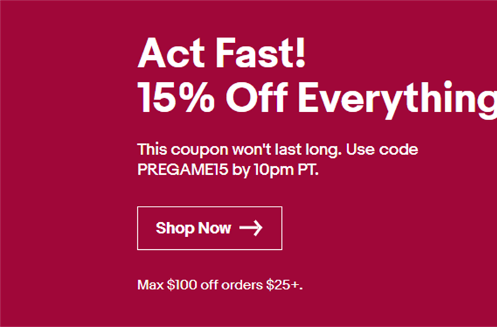 Ebay sale 15% off up to $100 off until 10PM PST